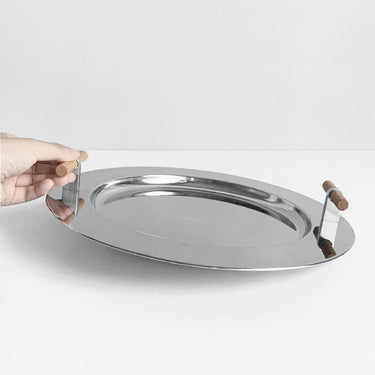Stainless Steel Round Tray with Wooden Handle